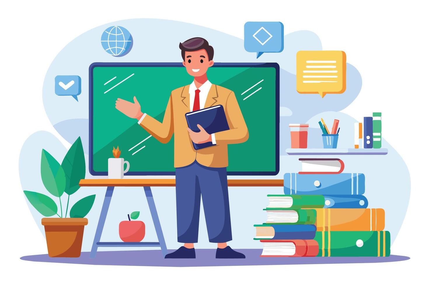 A male teacher smiles in a classroom while standing in front of a chalkboard and holding a book. He wears a yellow blazer and blue pants. vector