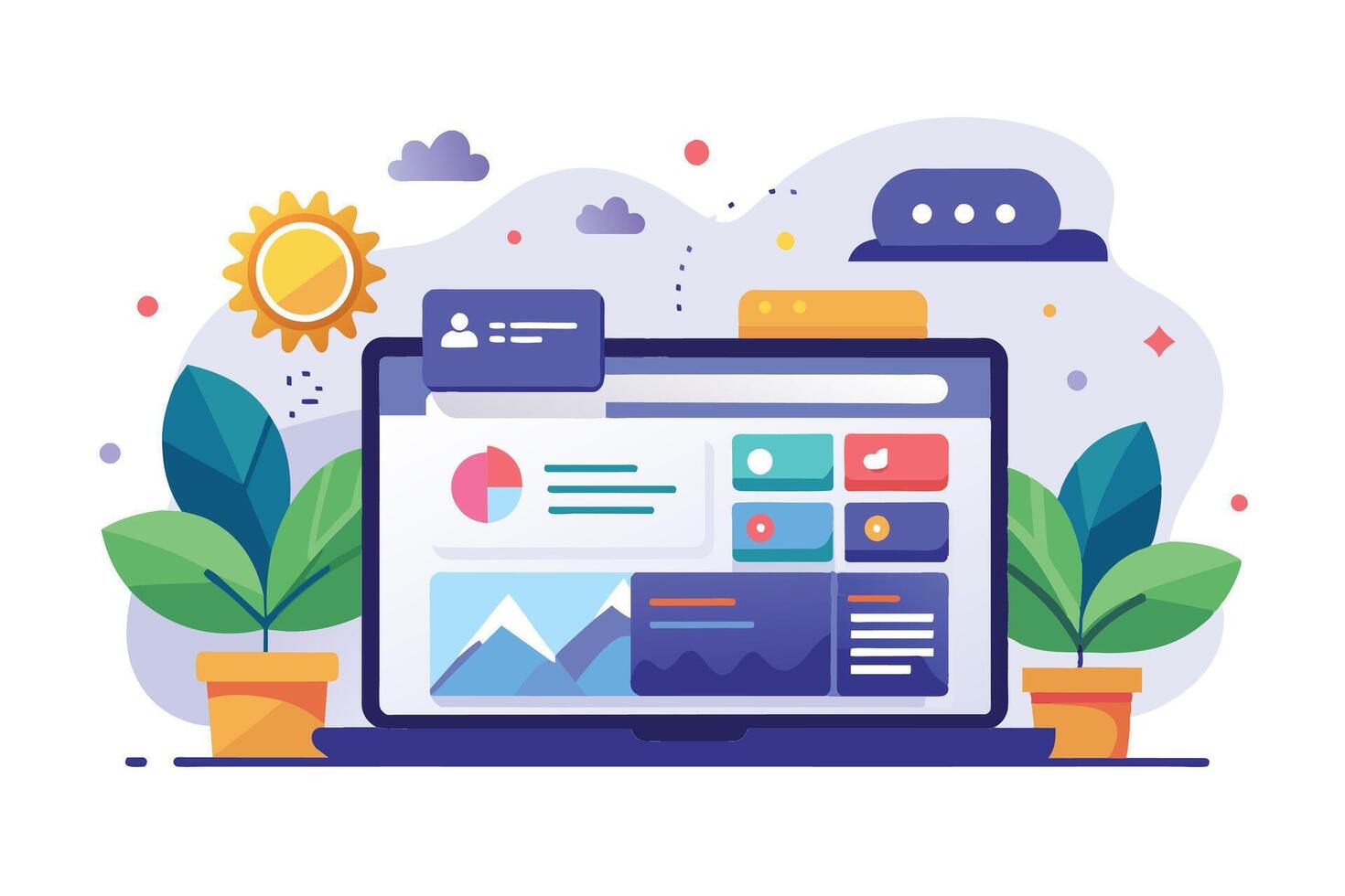 A laptop open to a webpage with data, charts, and design elements, surrounded by plants in the sun, creating a productive workspace. vector