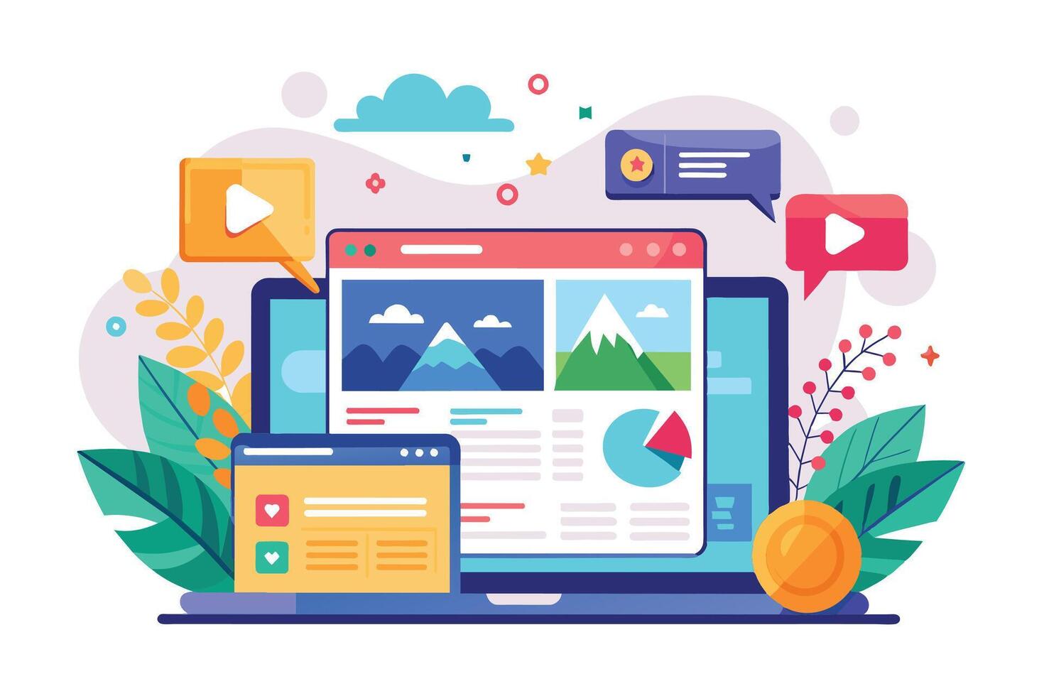 A laptop displays a website with images, text, and a pie chart. Social media icons surround it, hinting at engagement and popularity. vector
