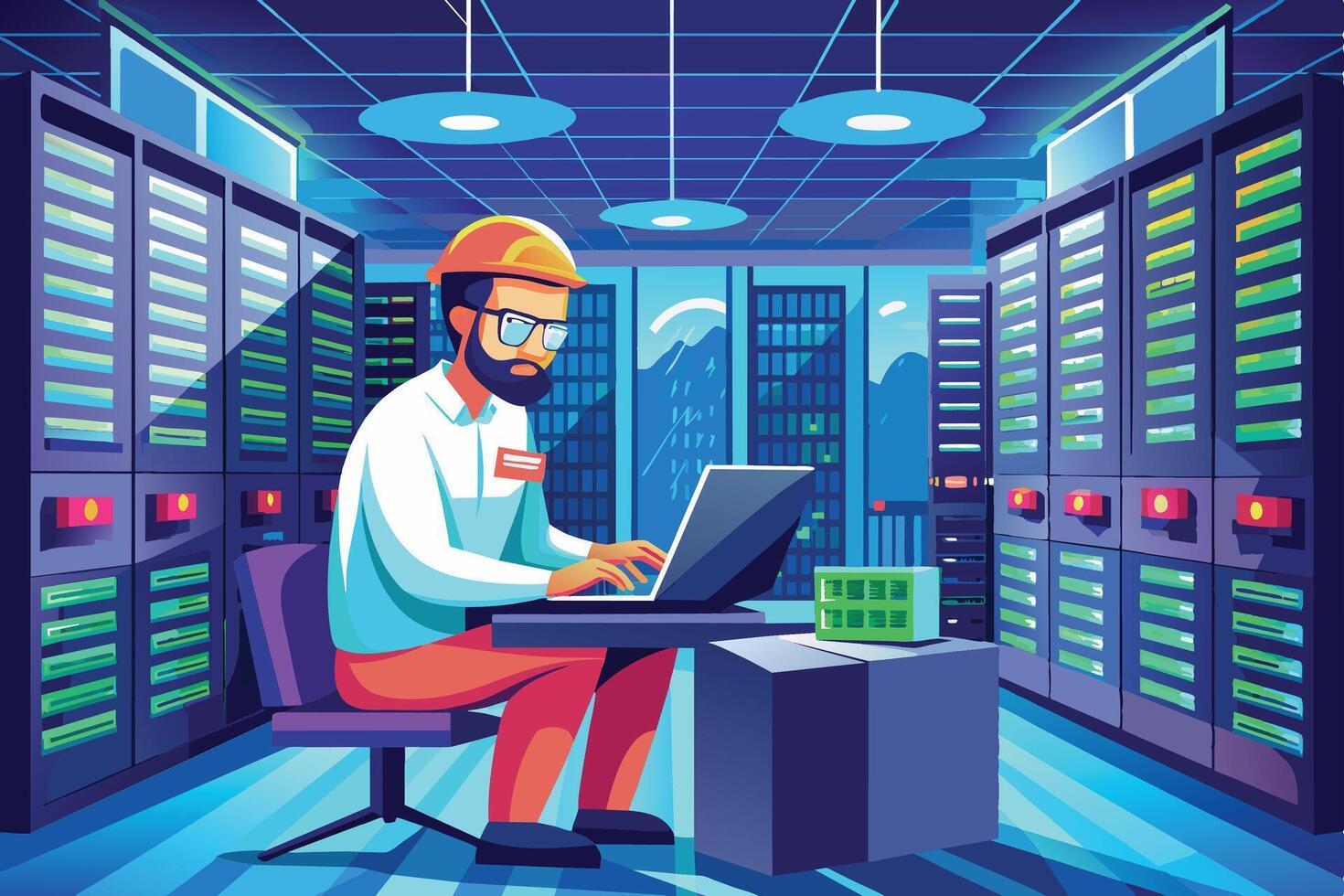 A cartoon illustration of an IT technician working on a laptop computer in a server room at night. He is wearing a hard hat and glasses. The server racks are visible in the background. vector