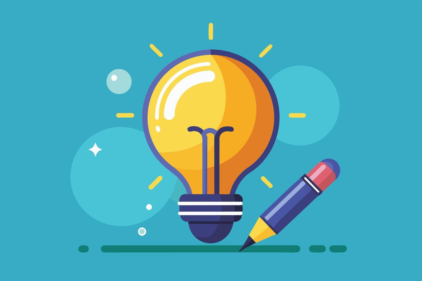 A simple illustration of a bright yellow lightbulb with a pencil underneath it. The lightbulb is emitting light rays and is surrounded by blue and white circles. vector