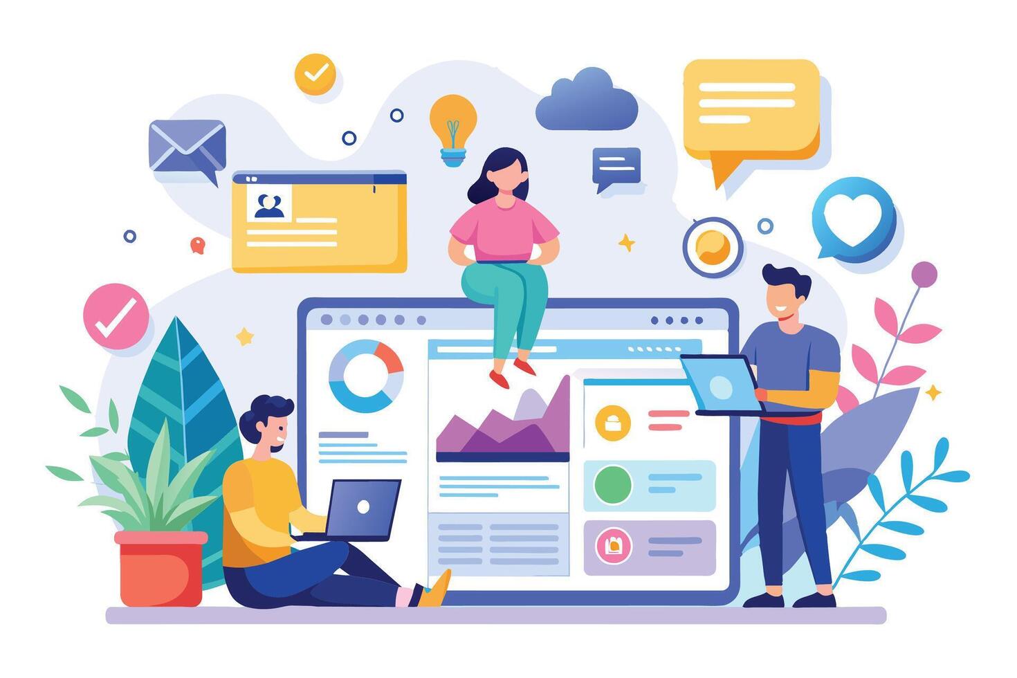 An illustration of three people collaborating on a website design and development project, using laptop computers and a large desktop screen displaying charts, graphs, and icons. vector