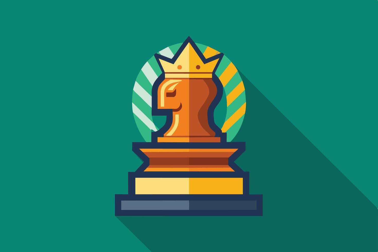 A flat design illustration of a gold chess king trophy with a crown on top, sitting on a three-tier base, against a green background. vector