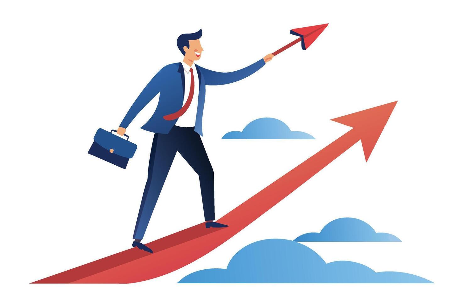 A businessman in a blue suit walks up a red arrow pointing upward, holding a red paper airplane. He is smiling and looking forward, suggesting confidence and success. vector