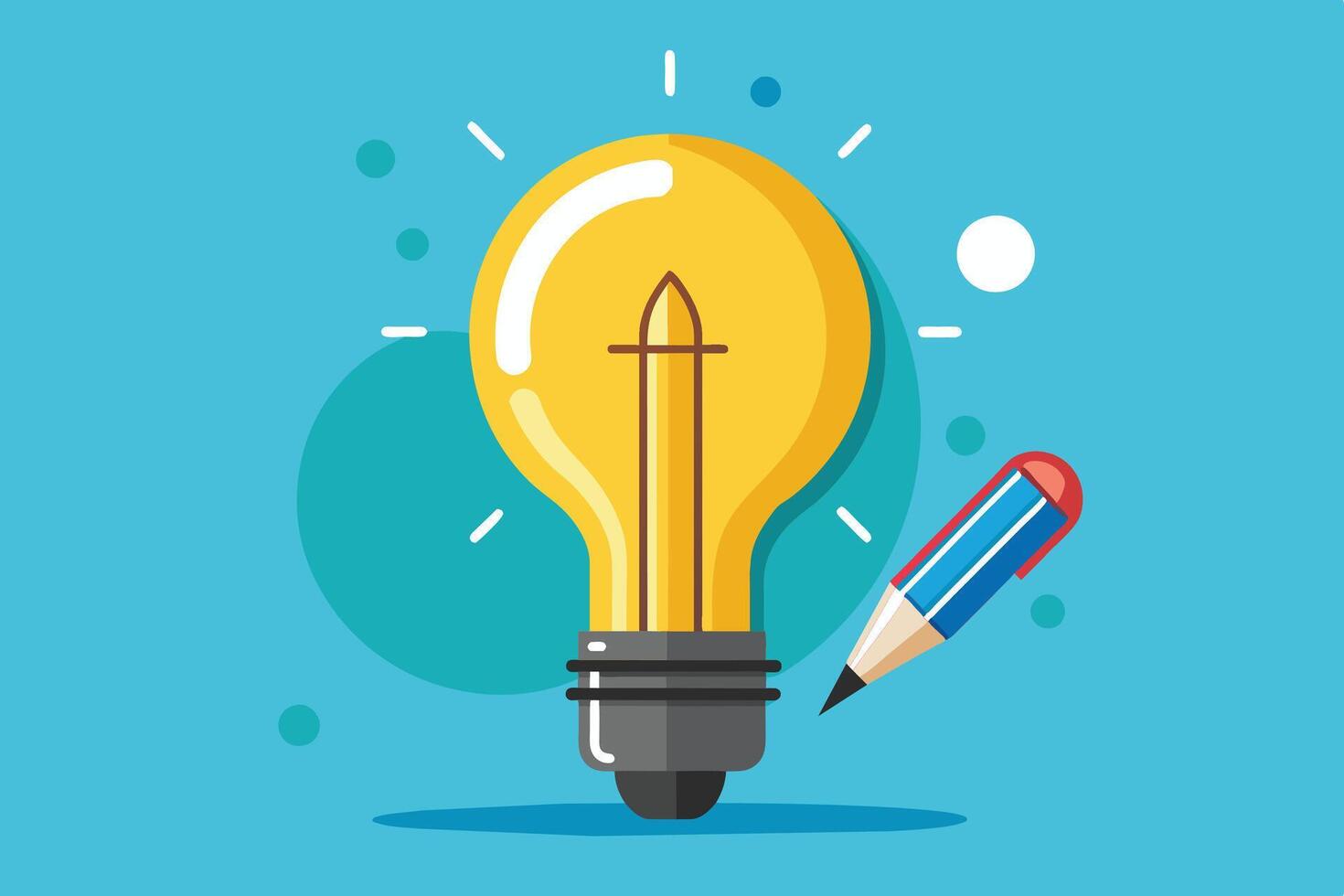 An illustration of a yellow light bulb with a blue pencil on a blue background. The light bulb is glowing brightly and there are white dots and lines surrounding it. vector