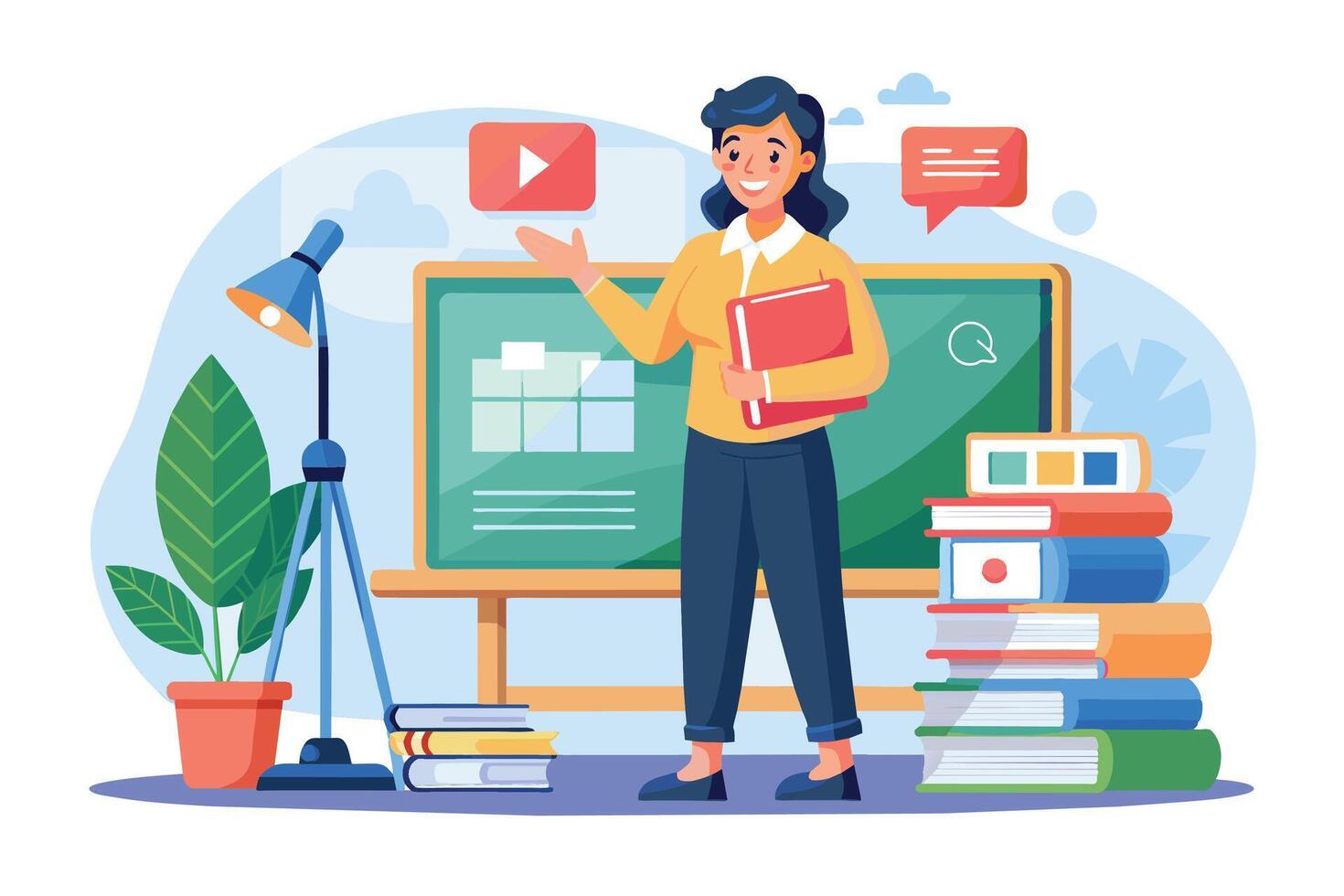 Illustrated teacher in front of green chalkboard in online classroom setting holding red book and gesturing towards play icon for online learning. vector