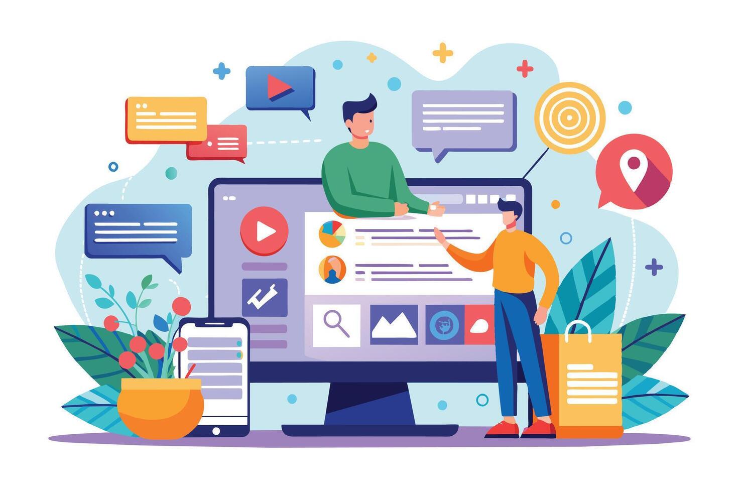 Two men collaborating on digital marketing strategy using desktop computer and mobile phone. Desktop shows marketing elements - videos, social media, analytics. vector