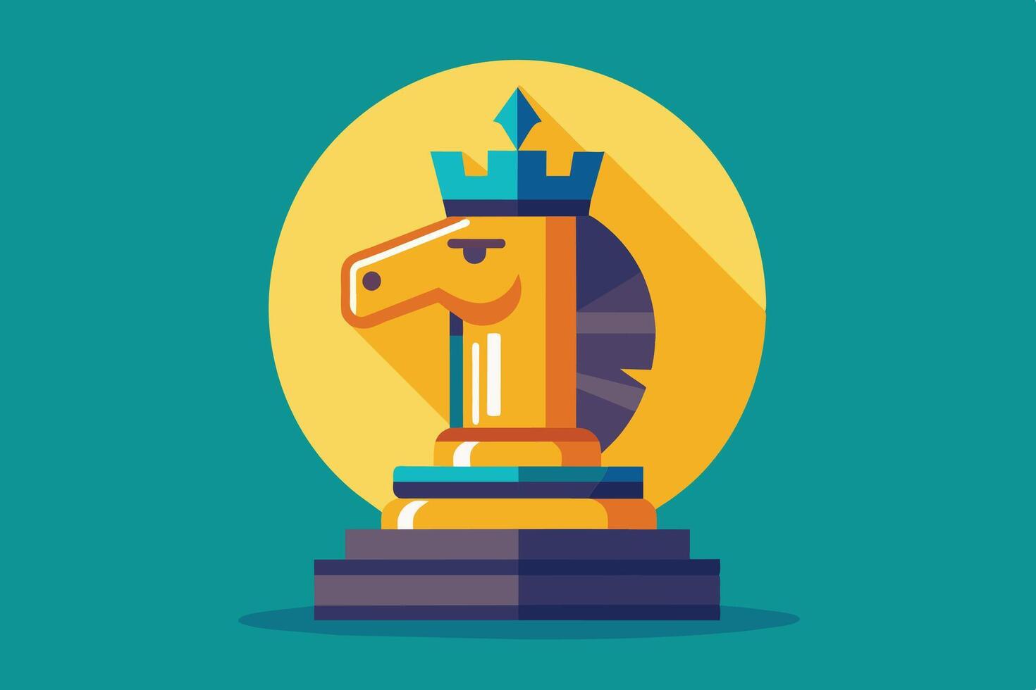 A digital illustration of a gold knight chess piece with a blue crown, standing on a purple and gold platform against a turquoise background. vector