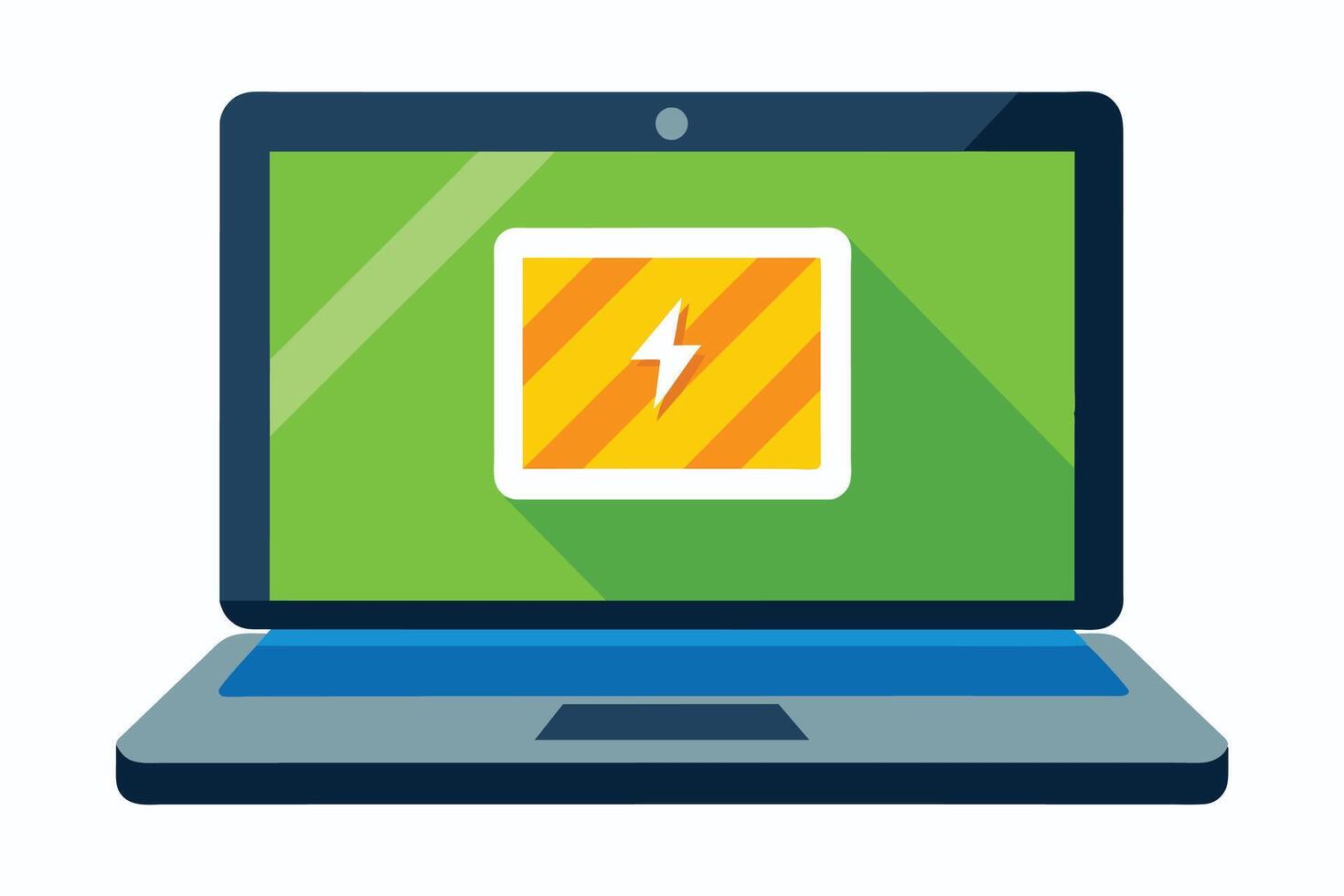 A cartoon-style illustration of a laptop with a green screen displaying a yellow battery icon with a lightning bolt inside. vector