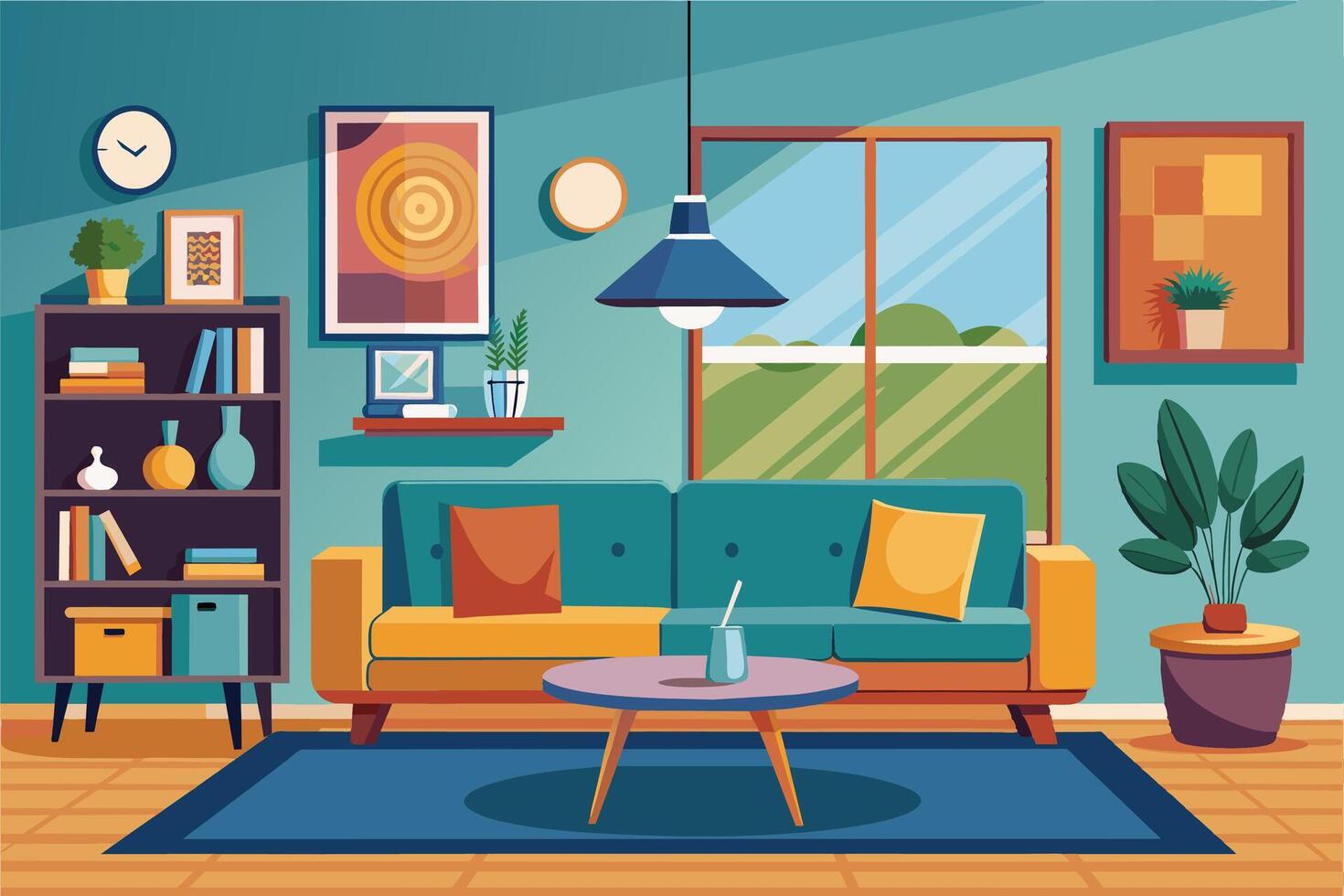 A cartoon illustration depicting a modern living room interior with a blue sofa, a coffee table, and a window with a view of green trees. vector