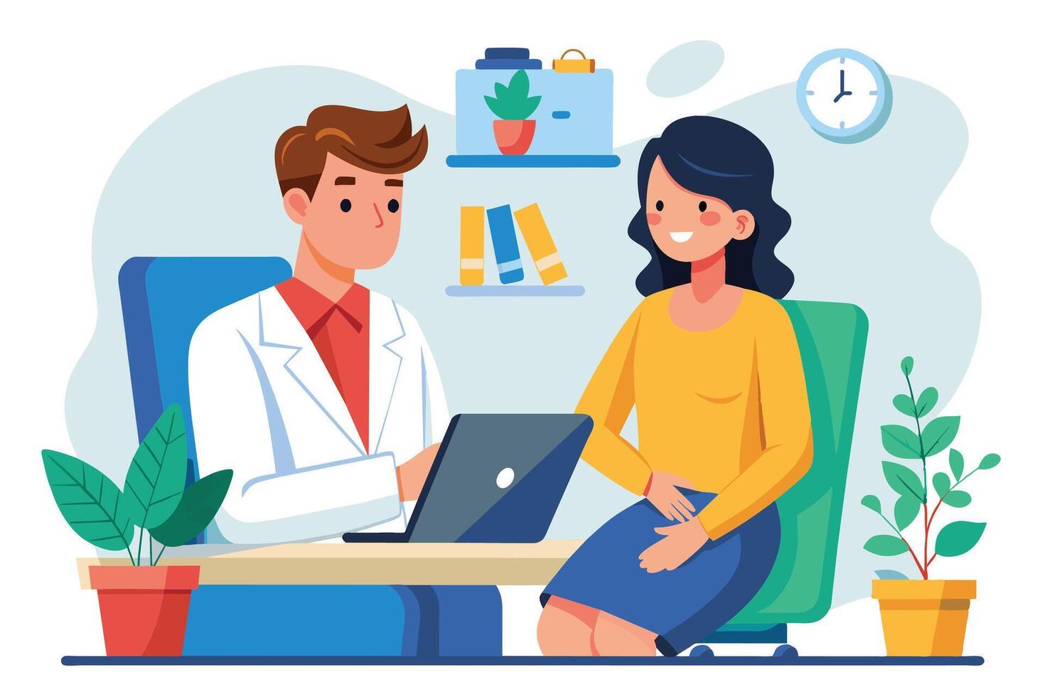 A doctor in a white coat sits at a desk, using a laptop to consult with a patient who sits across from him. vector