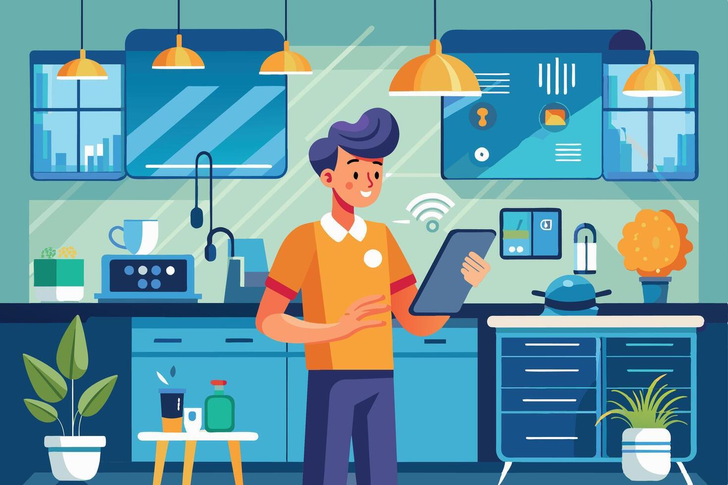 A man in a modern kitchen uses a tablet to control smart home appliances. vector