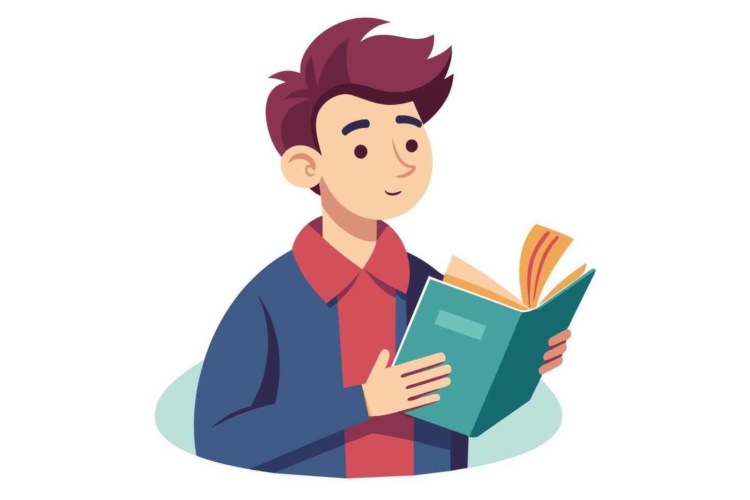 A cartoon illustration of a young man with brown hair, a red shirt, and a blue jacket, reading a green book with an open expression. vector