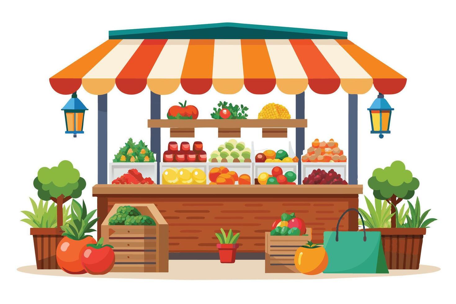 Illustration of a vibrant fruit stand with fresh produce like tomatoes, lemons, grapes, and more under a striped awning with lanterns. vector