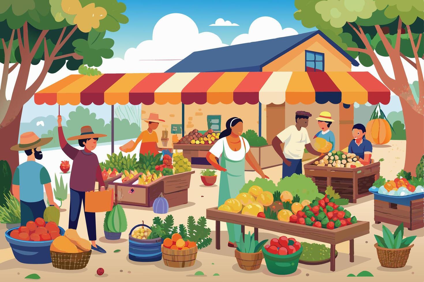 A vibrant farmers market scene with vendors selling fresh fruits and vegetables on a sunny day. Customers browse the colorful displays, selecting their favorite produce. vector