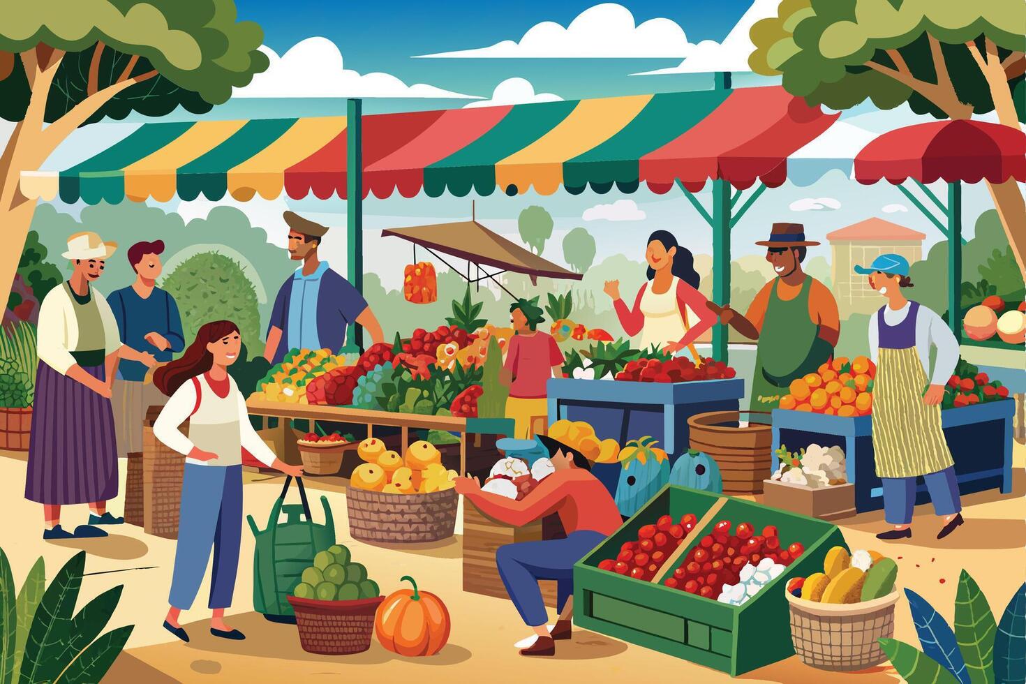 An illustration of a bustling outdoor market with diverse vendors and shoppers interacting and buying fresh produce. vector