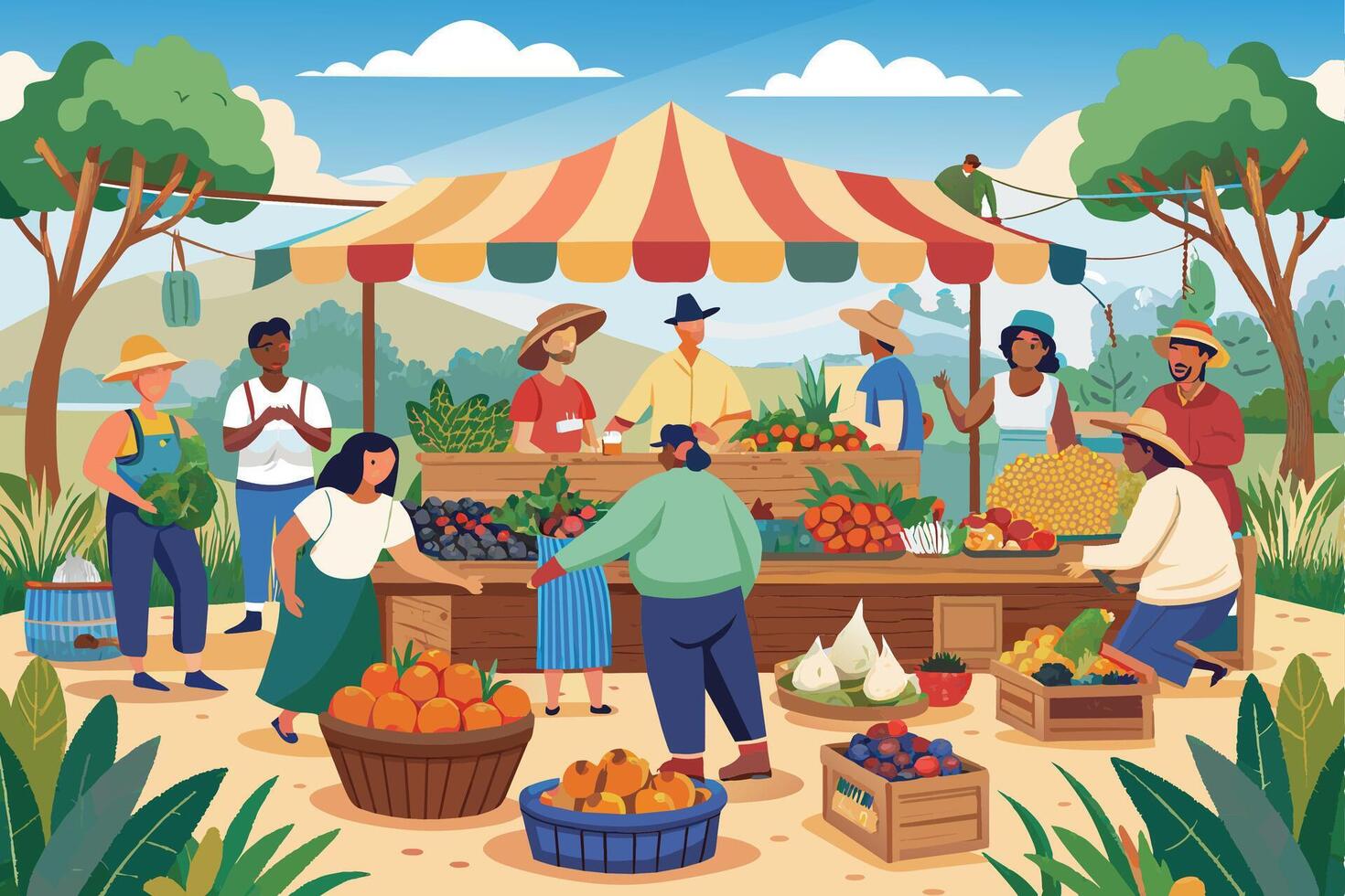 An illustration depicts a vibrant outdoor market scene, showcasing a variety of fresh produce, diverse customers browsing and interacting with vendors, and a sunny, cheerful atmosphere. vector