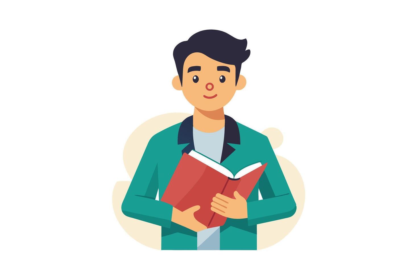A cartoon illustration of a young man, with dark hair and a green jacket, smiling while holding an open red book. vector