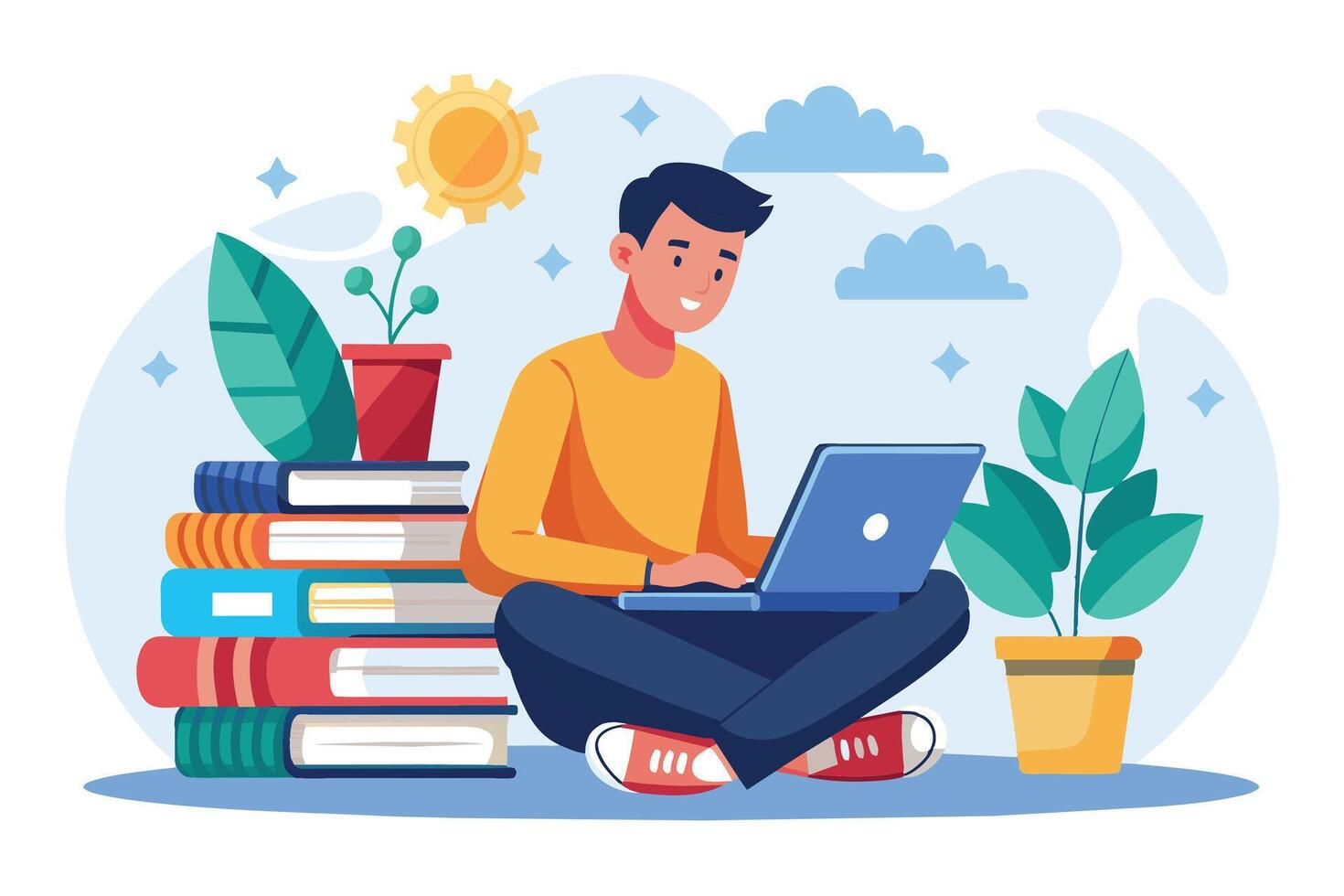 An illustration of a young man sitting on the floor and working on a laptop. He is surrounded by books, plants, and a sunny, airy atmosphere. vector