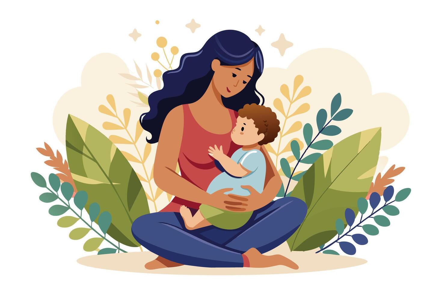 A mother sits with her legs crossed, holding her baby in her arms. They are both smiling and looking at each other. vector