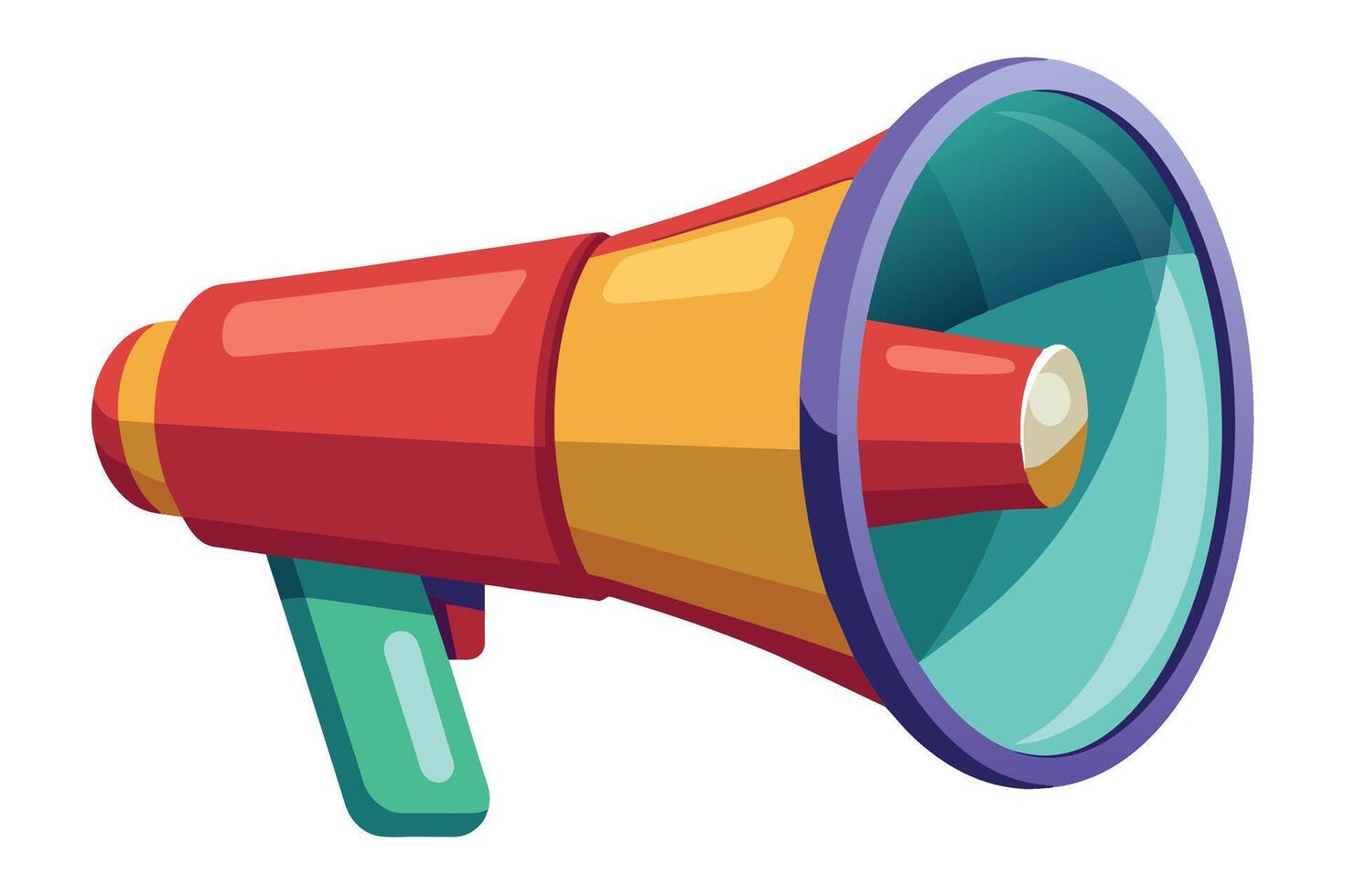 Cartoon drawing of a red, yellow, and blue megaphone with a green handle, angled right on a white background. vector