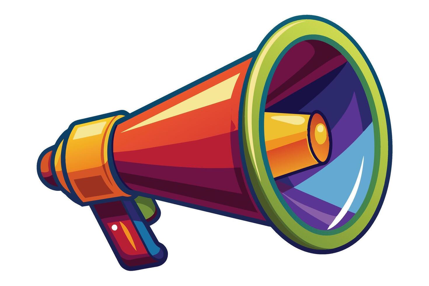 A bright and colorful cartoon illustration of a megaphone, perfect for representing communication, announcements, or marketing. vector