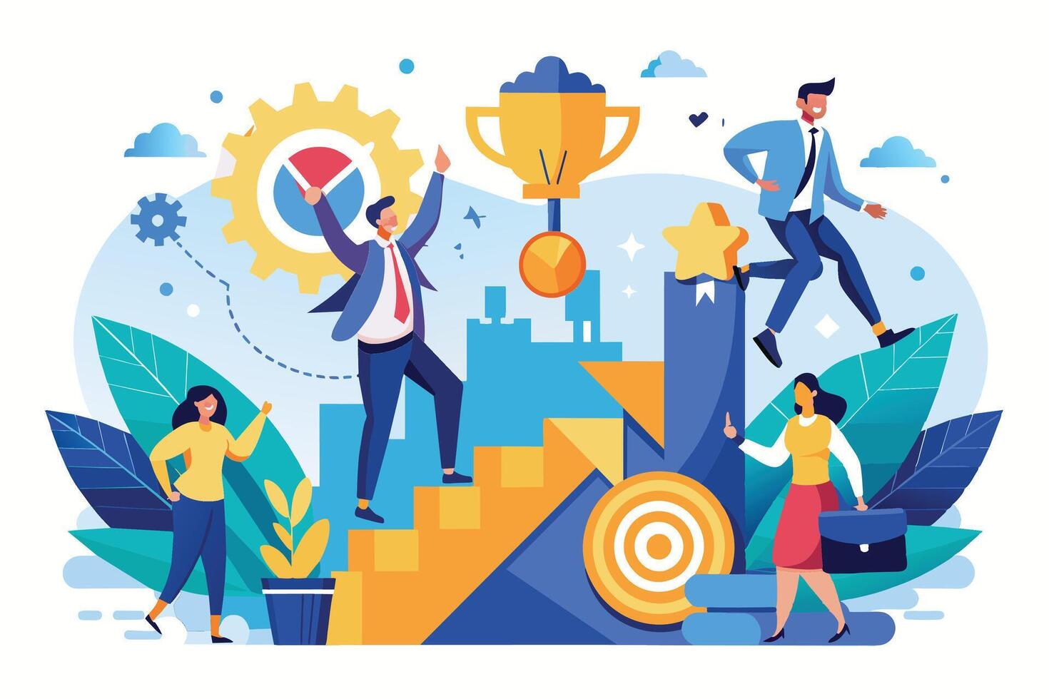 A cartoon illustration featuring business people celebrating success by climbing stairs towards a trophy. vector
