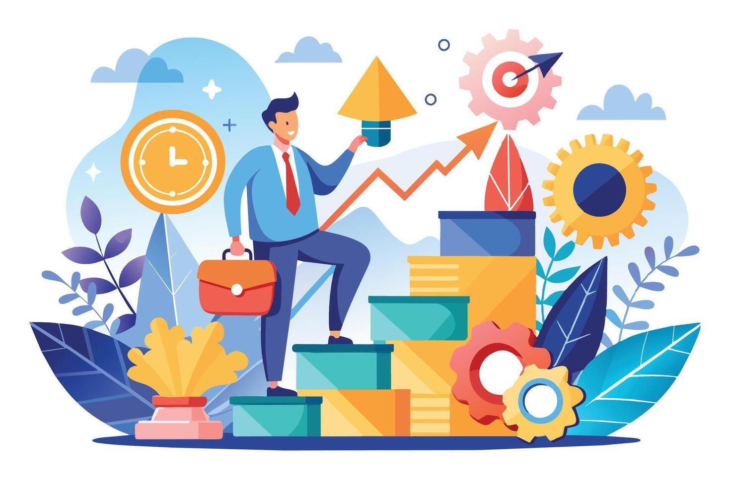 A businessman climbs stairs to success, holding a briefcase and arrow for strategy. Background includes clock for time management and gears for efficiency. vector