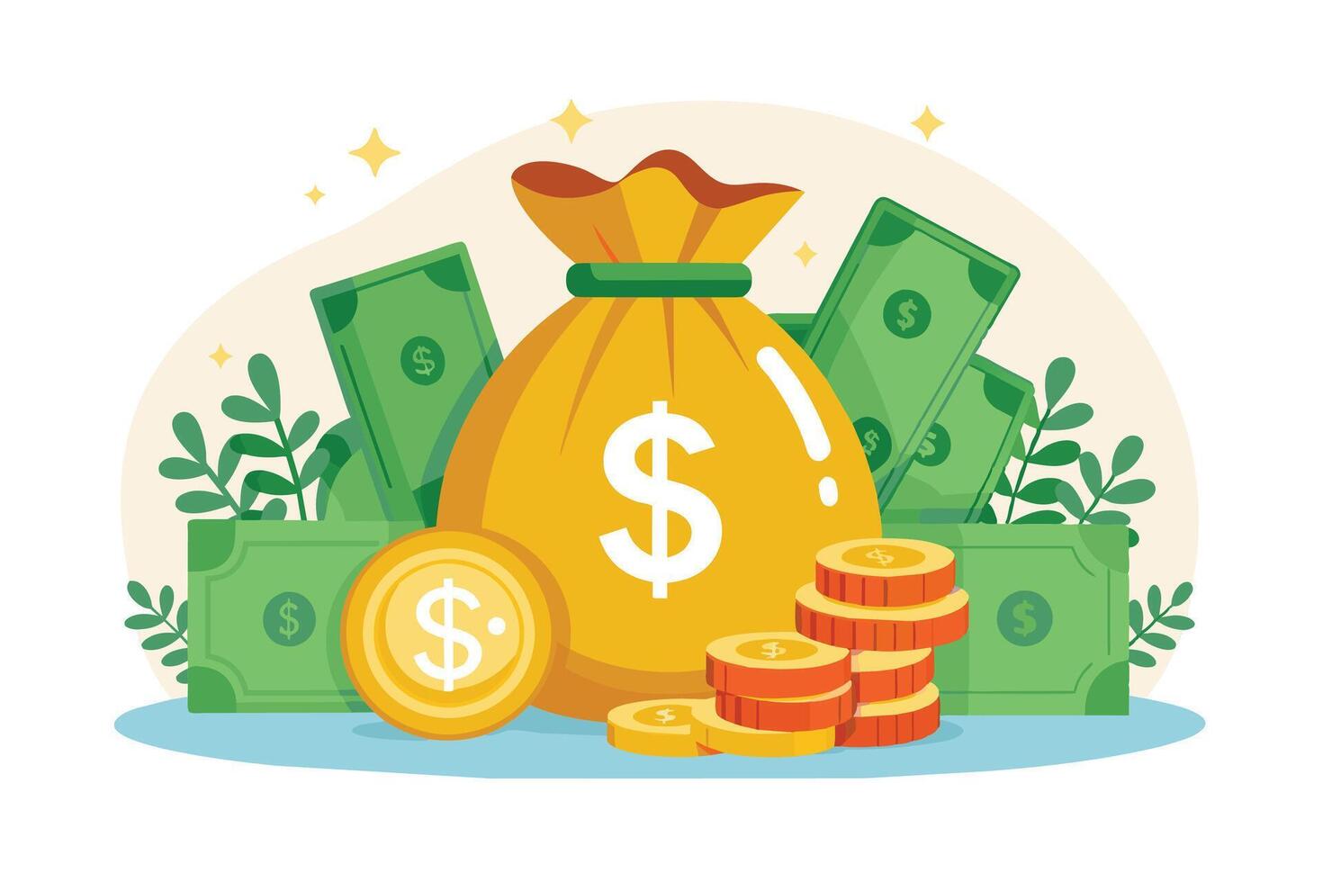 An illustration featuring a large yellow money bag filled with dollar signs surrounded by green dollar bills and stacks of gold coins. vector