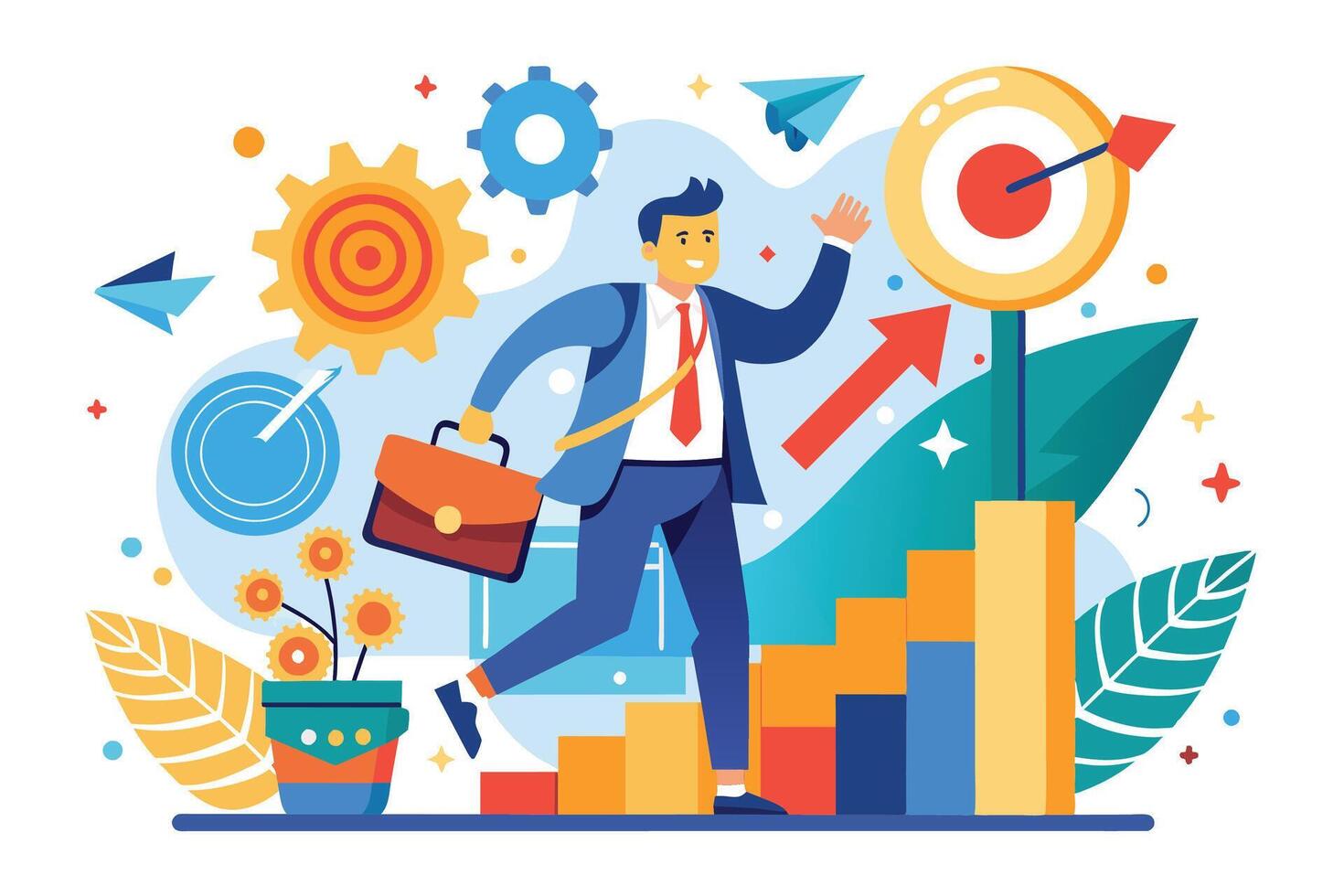 A man in a suit and tie with a briefcase running up stairs towards a target with an arrow in the background, symbolizing ambition and goals. vector