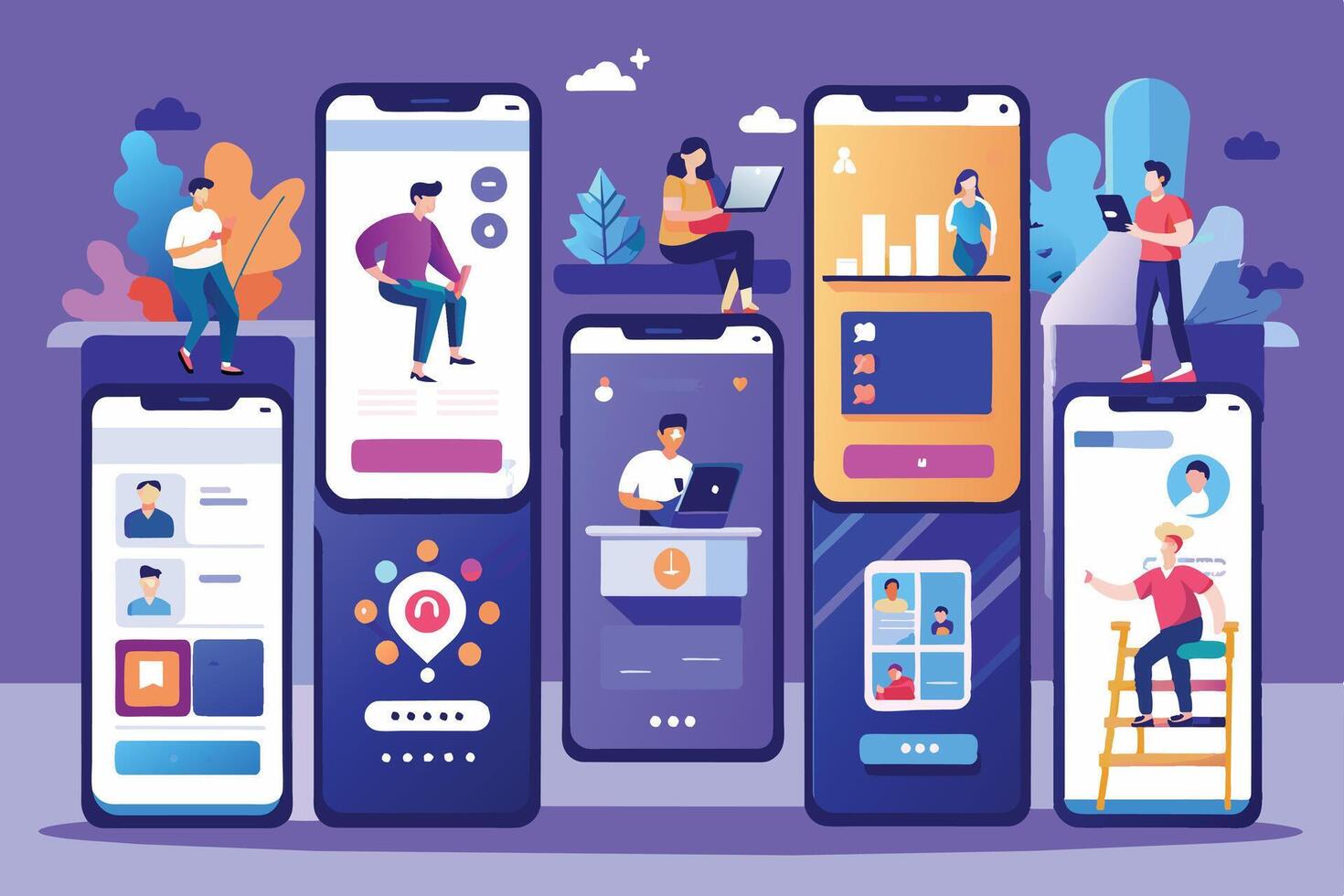 An illustration depicting various people interacting with different features of mobile applications. vector