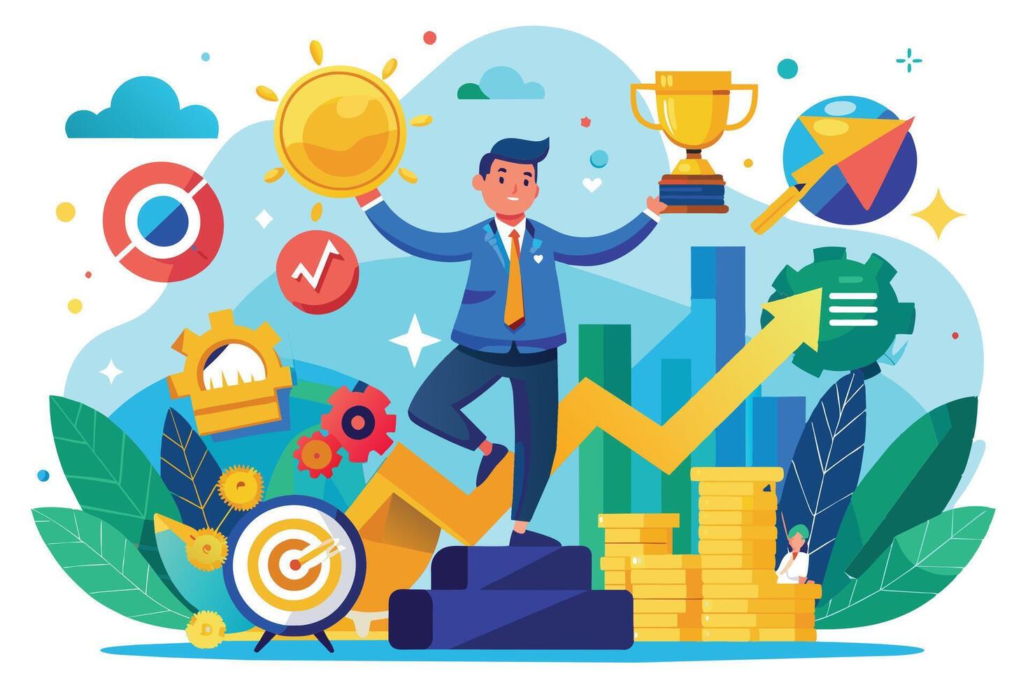 An illustration of a businessman standing on a podium with a trophy and a golden sun, representing success, growth, and achievement. vector