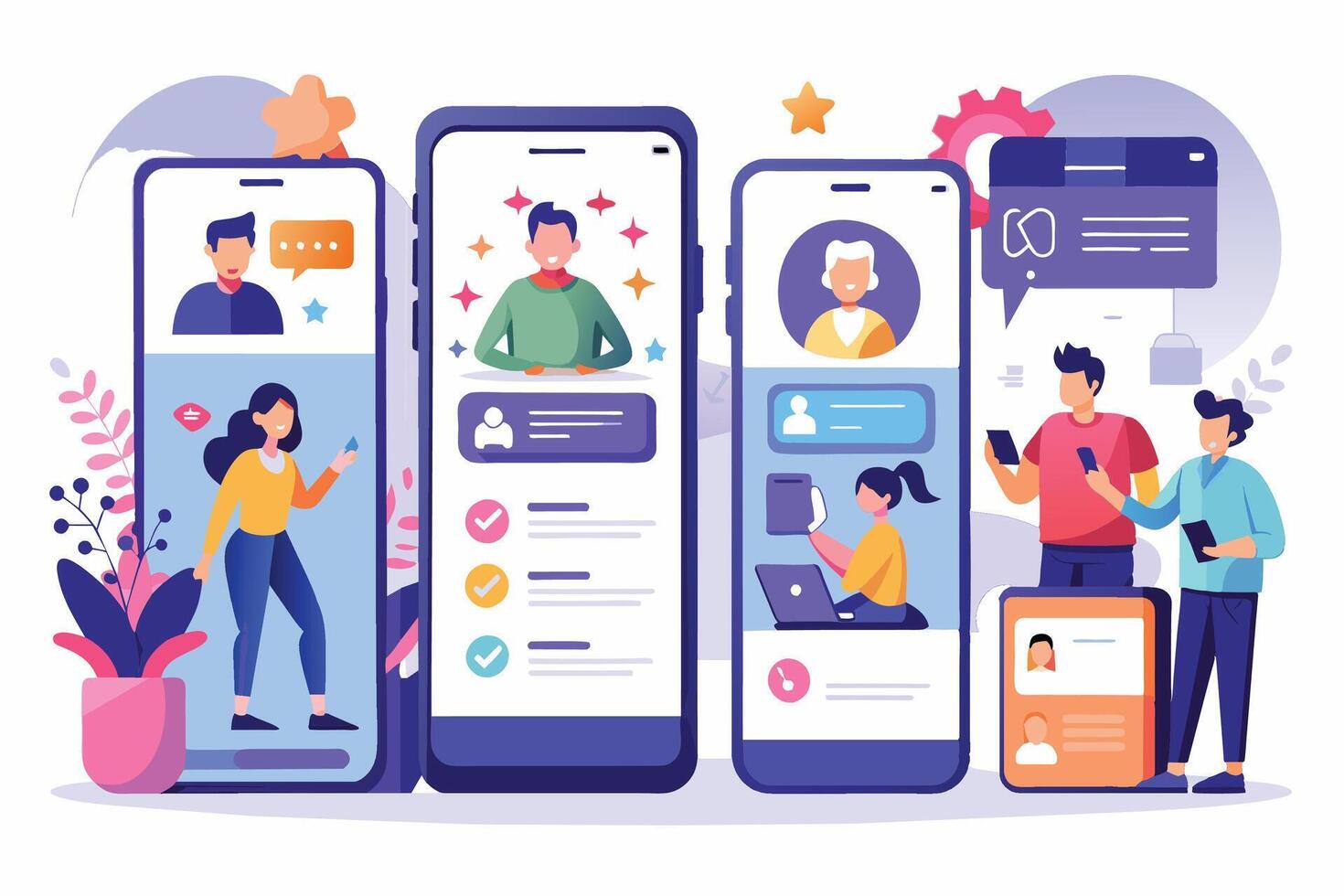 An illustration depicting people using smartphones for various online activities such as calling, social networking, and online dating. vector
