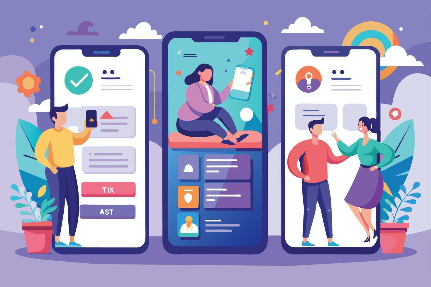 Three different mobile phone screens showcasing various app features, including online transactions, social media engagement, and user profiles. vector