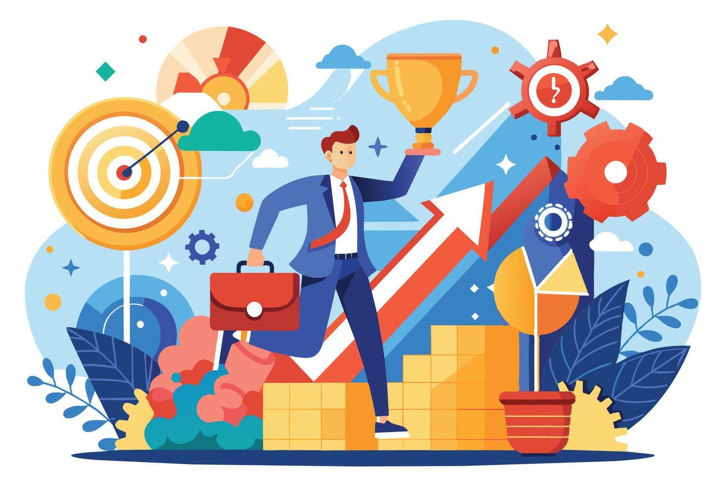 A businessman runs towards success, holding a trophy and a briefcase, as he climbs a staircase made of gold bars and follows a red arrow pointing upward. vector