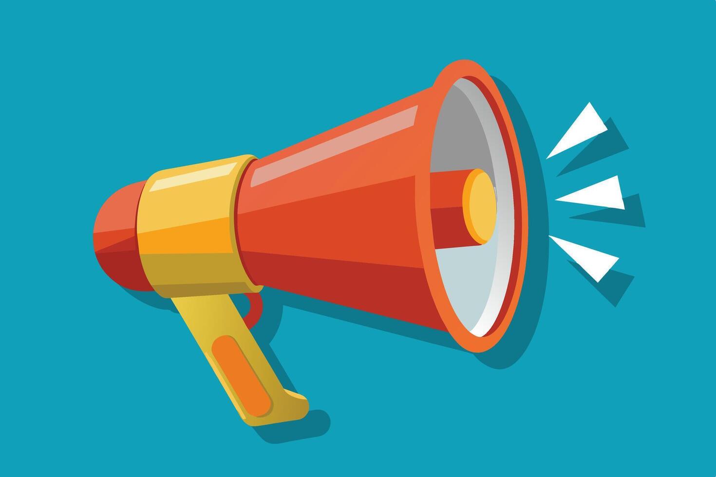 A cartoon illustration of a red and yellow megaphone with white sound waves on a blue background. vector