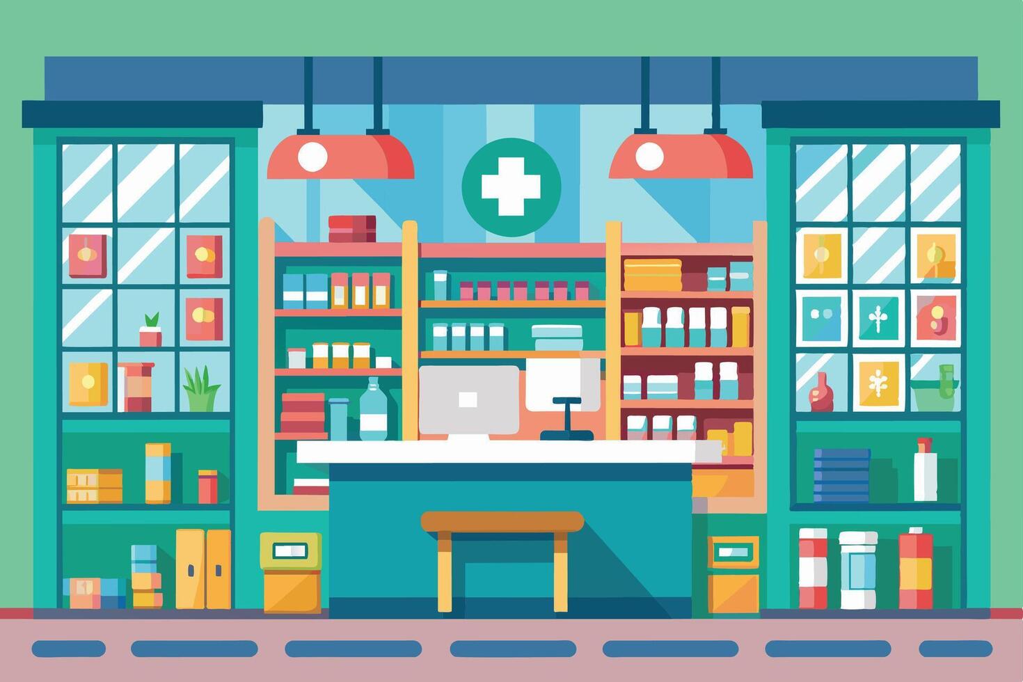 A modern pharmacy interior with stocked shelves, a counter, and a computer. vector