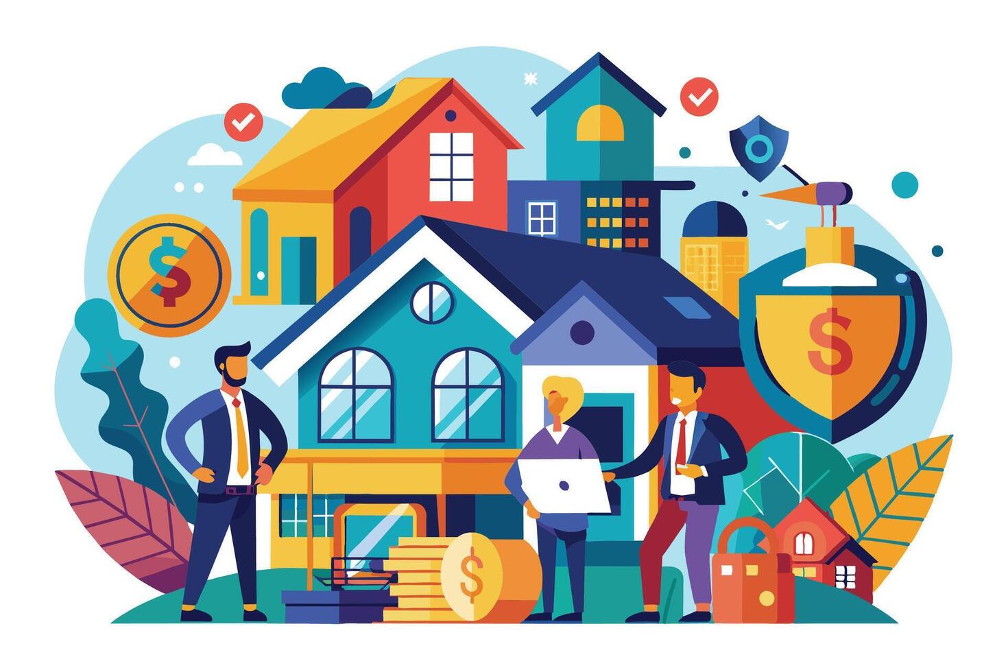 An illustration of three business professionals standing in front of a group of houses, discussing real estate investment and property insurance. vector