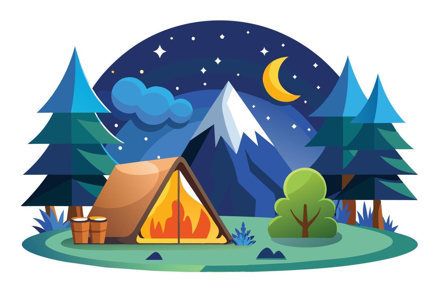 A colorful illustration depicting a campsite in a mountainous forest at night. A lit campfire burns inside a tent with a crescent moon and a sky full of stars visible. vector