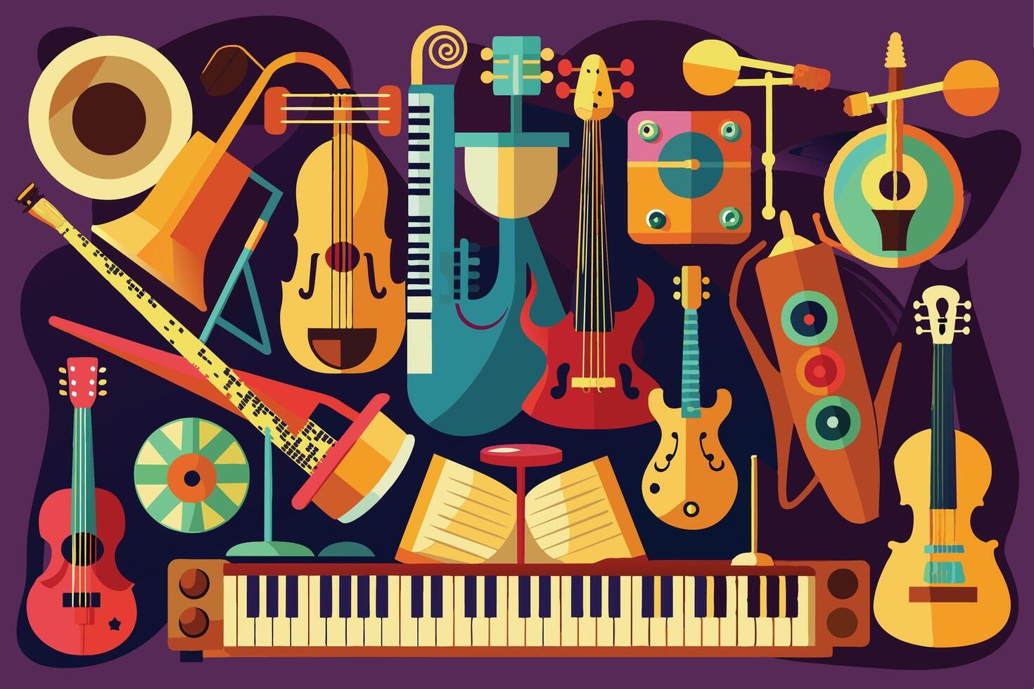 A colorful illustration featuring a variety of musical instruments, including guitars, a violin, a keyboard, a saxophone, a drum, and more. vector