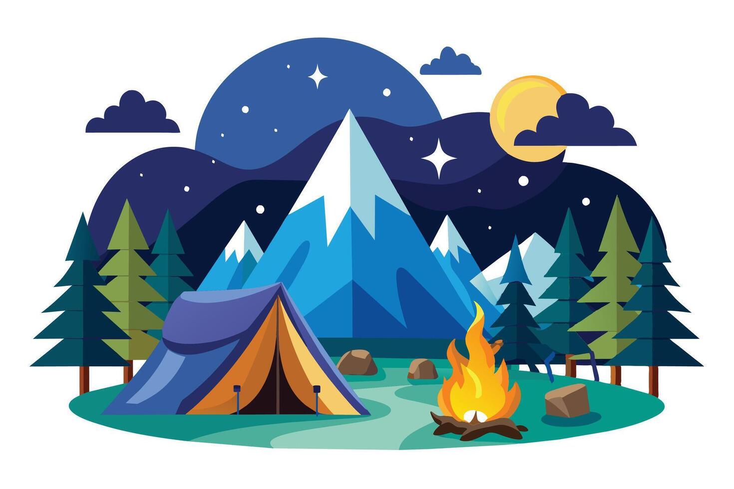A nighttime camping scene with a tent, campfire, and mountains in the background. vector