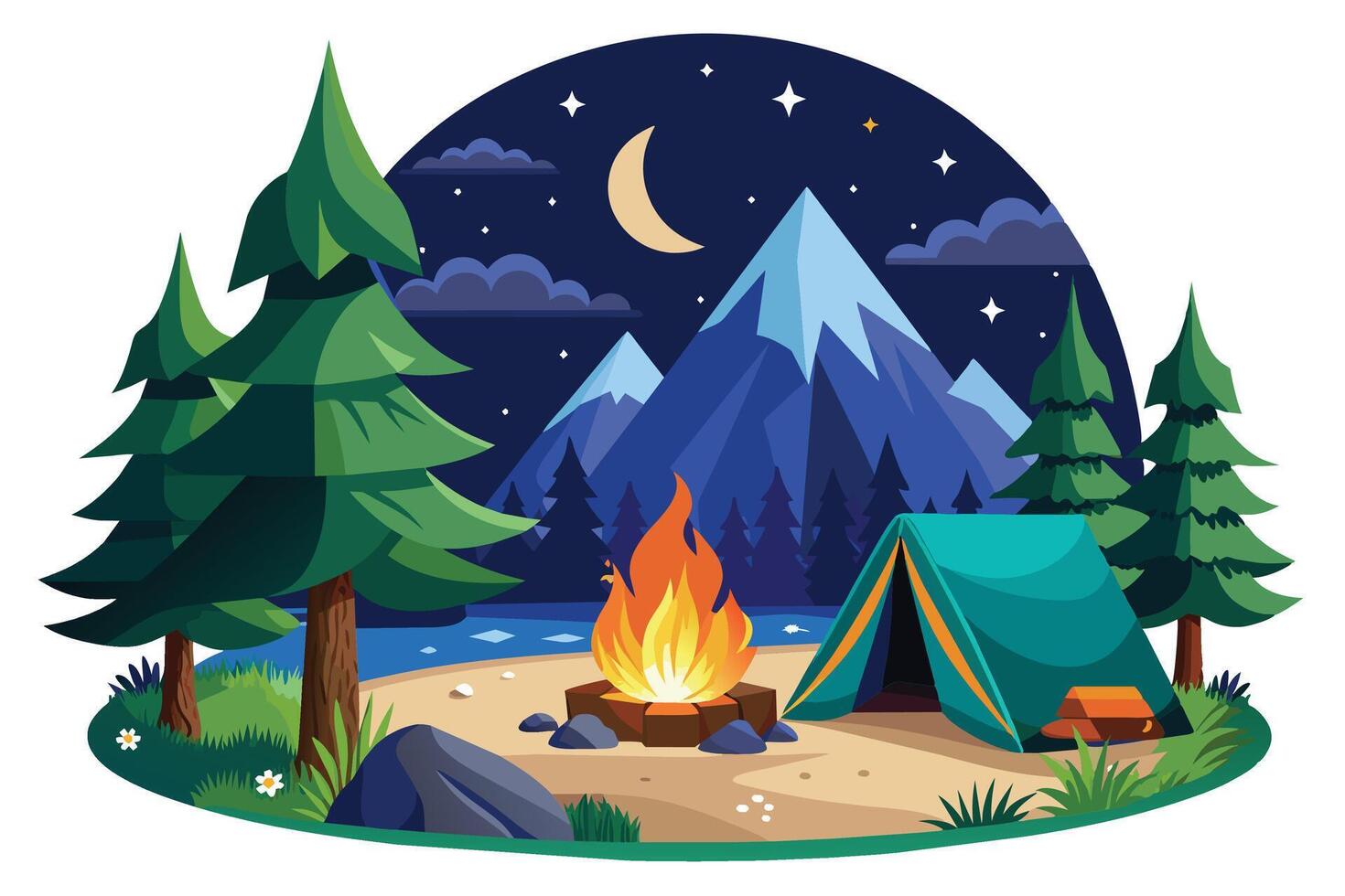 A digital illustration of a nighttime camping scene with a tent, campfire, and mountains in the background. vector