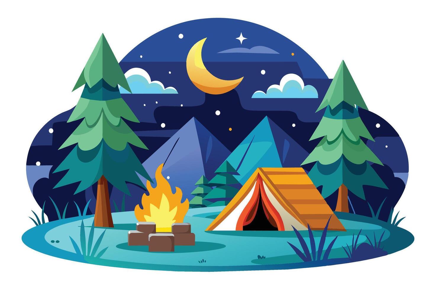 An illustration depicting a serene campsite under a starry sky, complete with a cozy tent, a crackling bonfire, and towering mountains in the background. vector