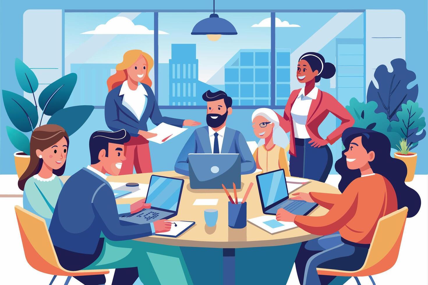 A diverse team of six individuals participates in a meeting in a modern office. They are all seated around a table with laptops, suggesting a professional work environment. vector