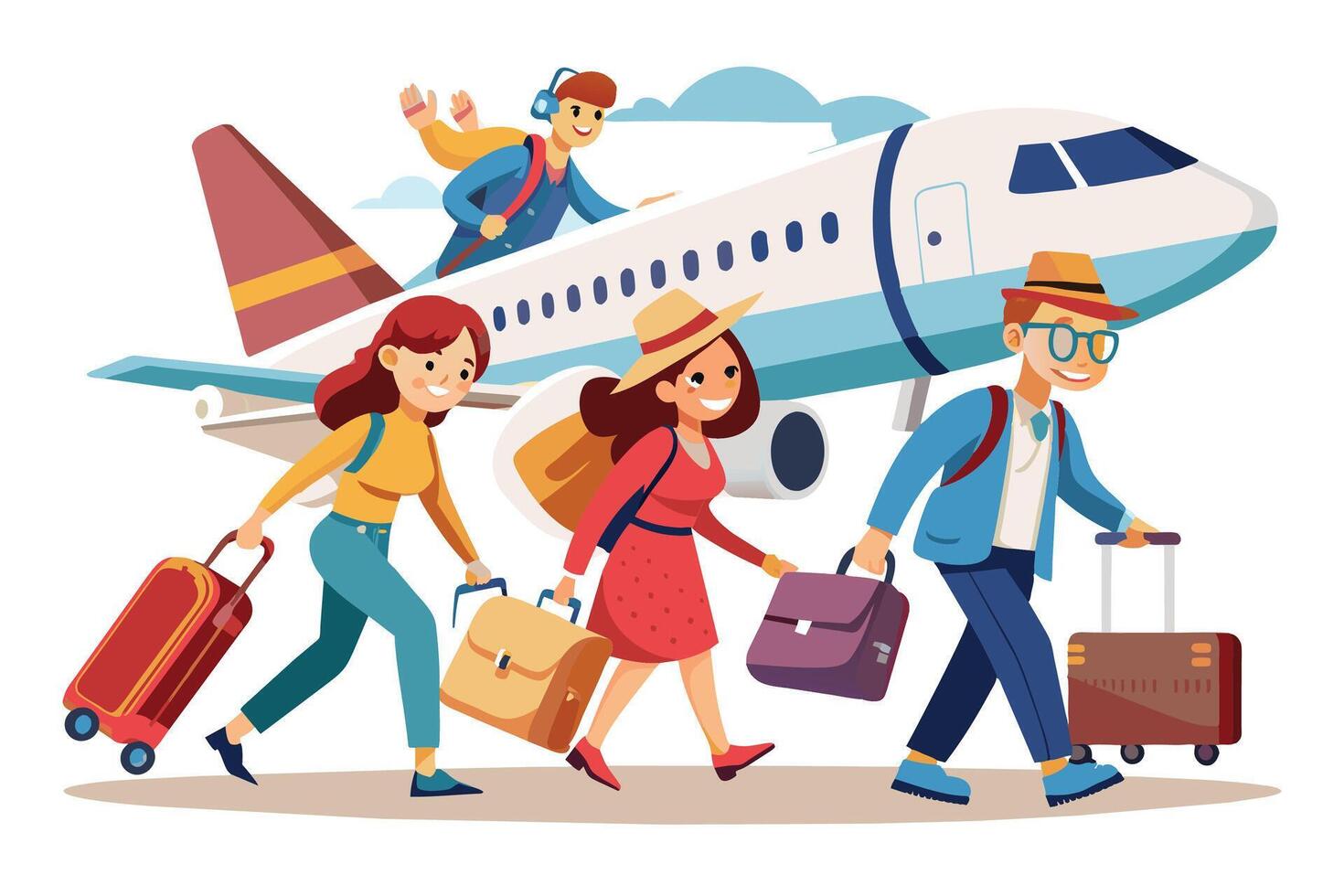 A cartoon illustration of four travelers with luggage, walking towards a white airplane. vector