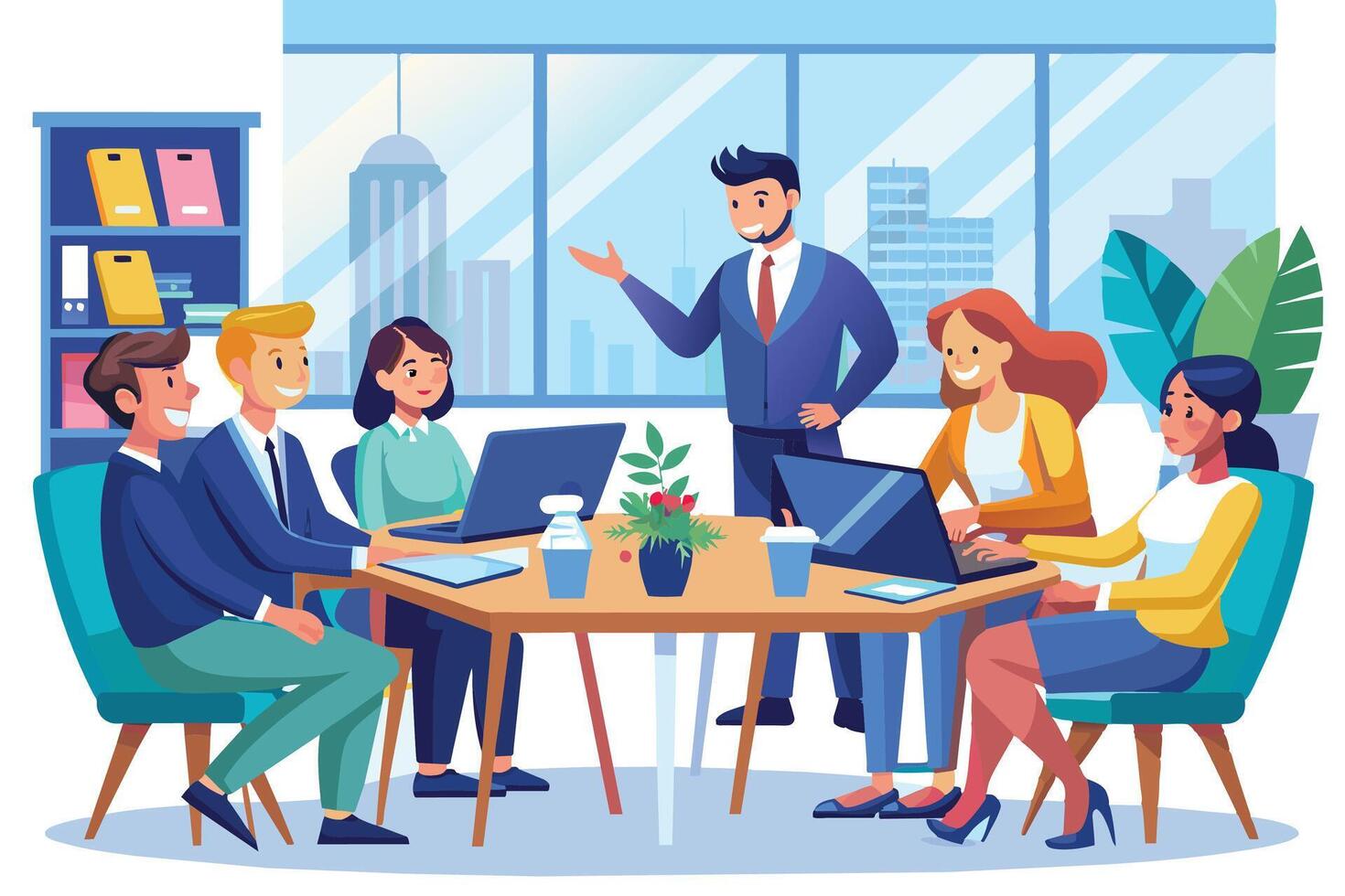 A business team is having a meeting in a modern office with a city view. The team is sitting around a table, listening to their leader who is standing and presenting. vector