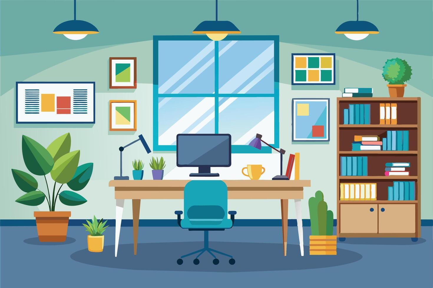 A modern home office workspace with a desk, computer, chair, and a bookshelf filled with books. The room features a large window, potted plants, and colorful artwork. vector