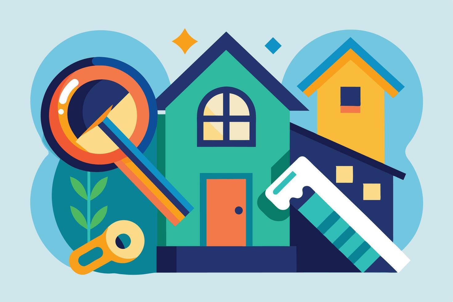 Colorful illustration showing a green house with a magnifying glass, key, and ruler. Ideal for real estate, home ownership, and property inspection themes. vector