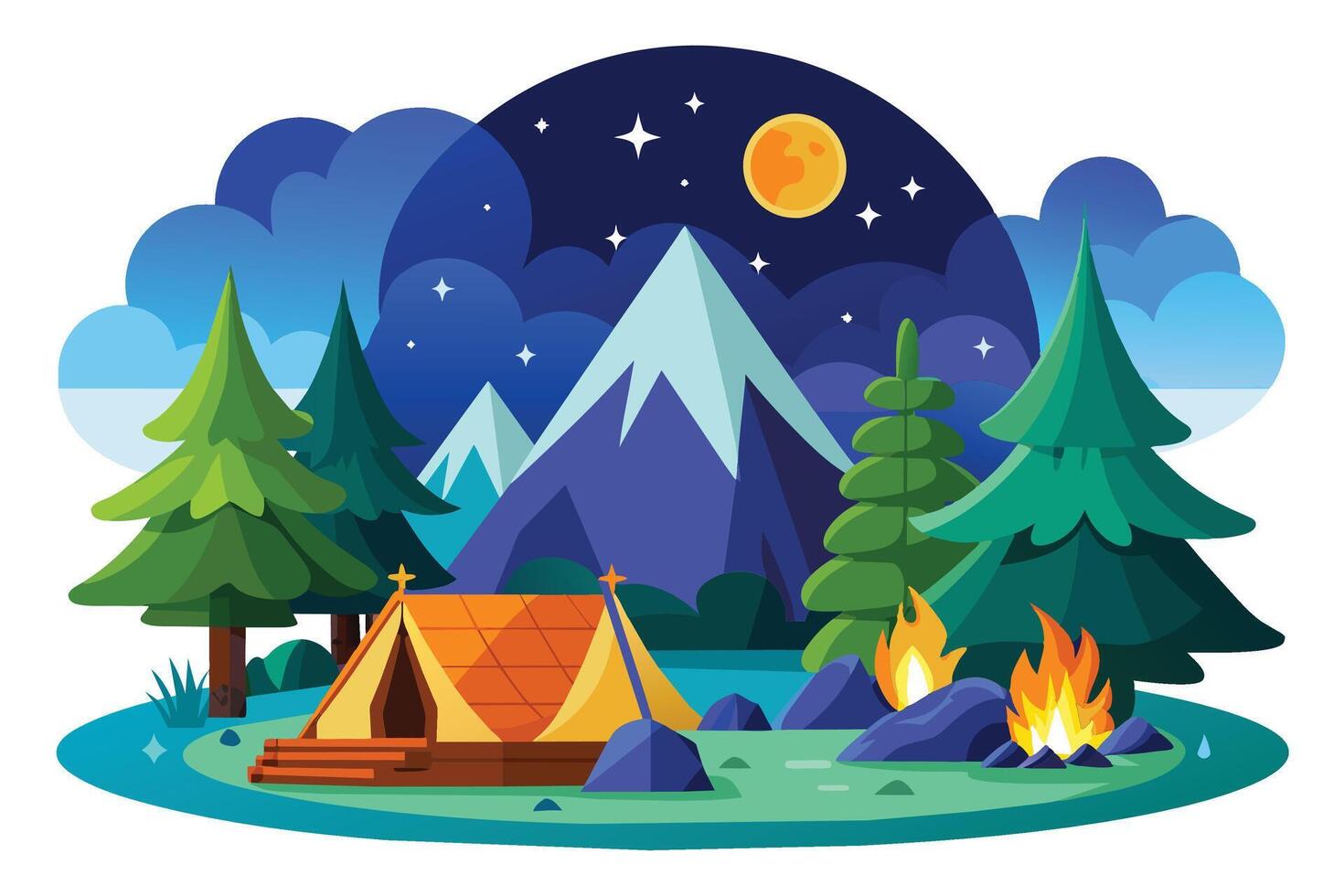 Illustration of a night camping scene with a tent, a campfire, and mountains in the background under a starry sky. vector