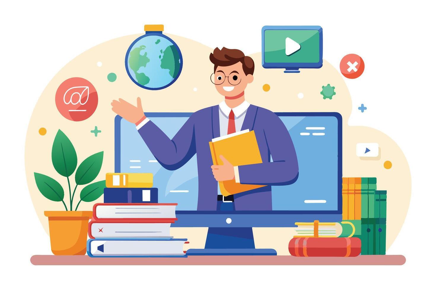 A cheerful online teacher is presenting a lesson through a computer screen, surrounded by books and educational icons. vector